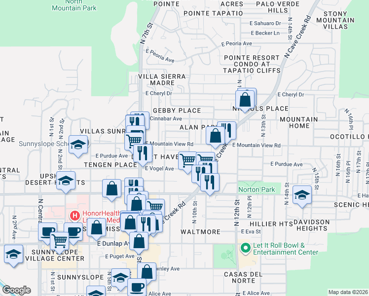map of restaurants, bars, coffee shops, grocery stores, and more near 820 East Purdue Avenue in Phoenix