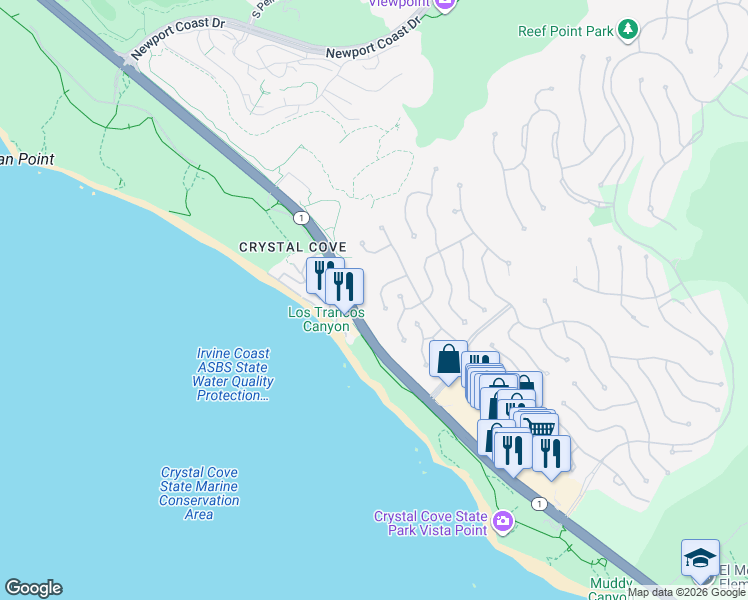 map of restaurants, bars, coffee shops, grocery stores, and more near 23 Atlantis Cove in Newport Beach