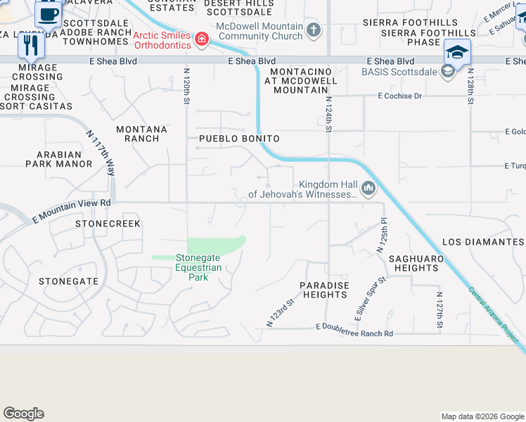 map of restaurants, bars, coffee shops, grocery stores, and more near 12201 East Mountain View Road in Scottsdale