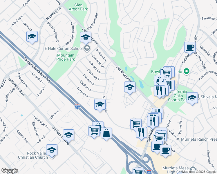 map of restaurants, bars, coffee shops, grocery stores, and more near 40883 Belleray Avenue in Murrieta