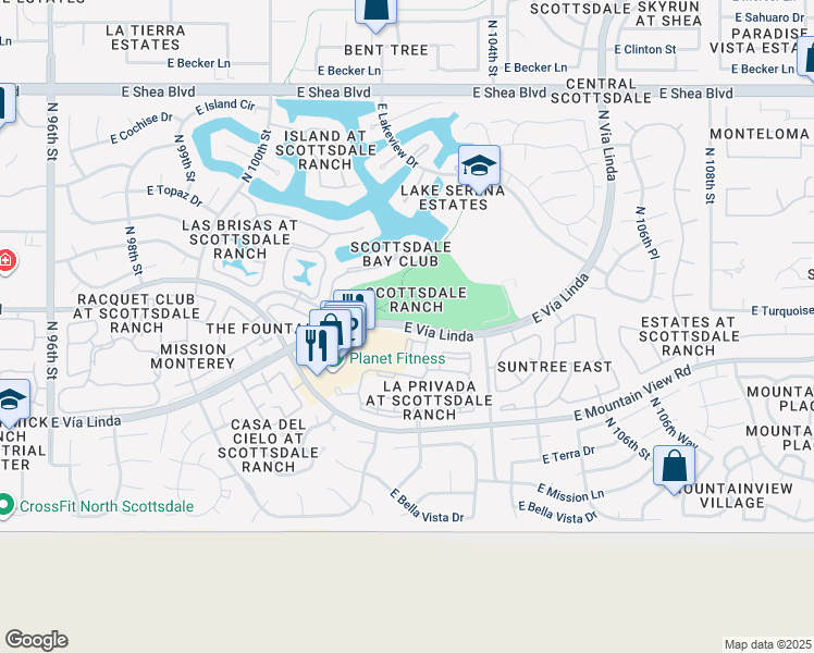 map of restaurants, bars, coffee shops, grocery stores, and more near 10255 East Vía Linda in Scottsdale