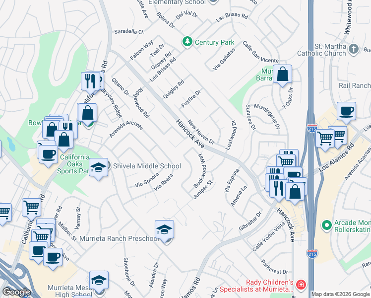 map of restaurants, bars, coffee shops, grocery stores, and more near 40025 White Leaf Lane in Murrieta