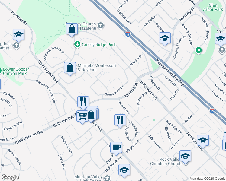 map of restaurants, bars, coffee shops, grocery stores, and more near 23799 Brookside Court in Murrieta