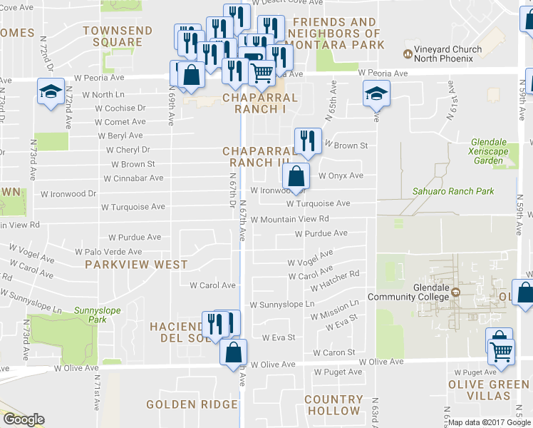 map of restaurants, bars, coffee shops, grocery stores, and more near 6602 West Mountain View Road in Glendale