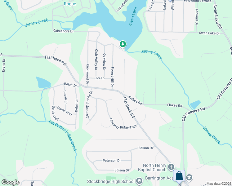 map of restaurants, bars, coffee shops, grocery stores, and more near 1473 Flat Rock Road in Stockbridge