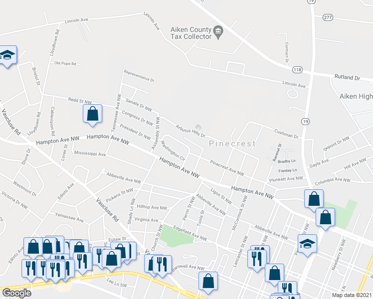 map of restaurants, bars, coffee shops, grocery stores, and more near 513 Washington Circle in Aiken