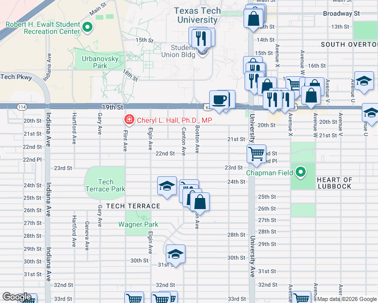 map of restaurants, bars, coffee shops, grocery stores, and more near 2701 22nd Street in Lubbock