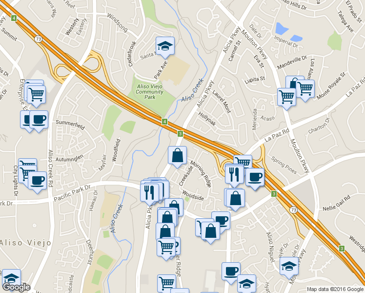 map of restaurants, bars, coffee shops, grocery stores, and more near 159 Abbeywood Lane in Aliso Viejo