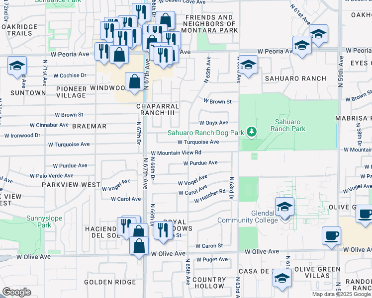 map of restaurants, bars, coffee shops, grocery stores, and more near 6515 West Mountain View Road in Glendale