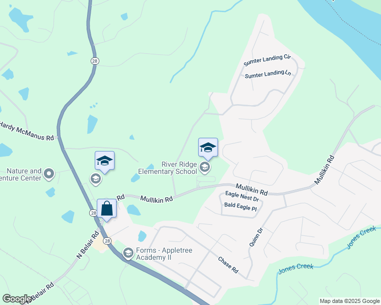 map of restaurants, bars, coffee shops, grocery stores, and more near 4109 Mullikin Road in Evans