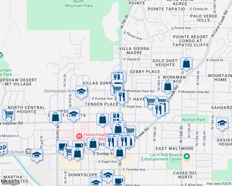 map of restaurants, bars, coffee shops, grocery stores, and more near 520 East Purdue Avenue in Phoenix