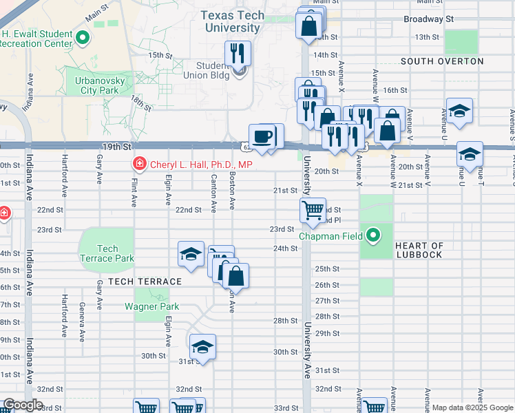 map of restaurants, bars, coffee shops, grocery stores, and more near 2617 22nd Street in Lubbock
