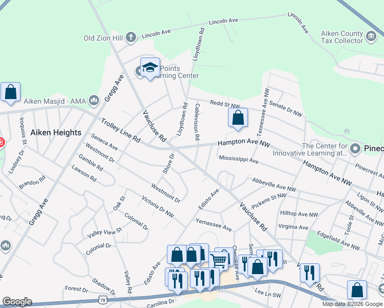 map of restaurants, bars, coffee shops, grocery stores, and more near 2915 Harden Drive in Aiken