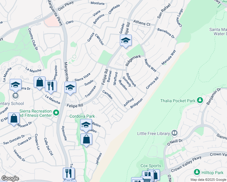 map of restaurants, bars, coffee shops, grocery stores, and more near 26712 Baronet in Mission Viejo