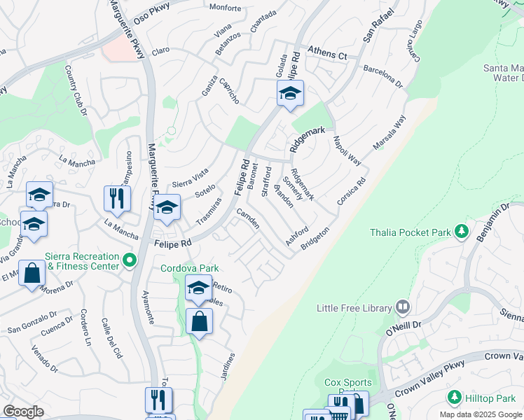 map of restaurants, bars, coffee shops, grocery stores, and more near 26712 Baronet in Mission Viejo
