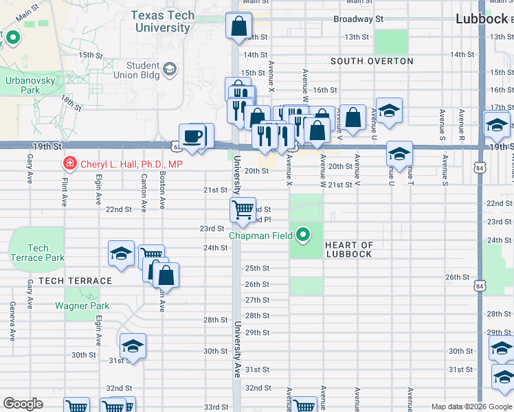 map of restaurants, bars, coffee shops, grocery stores, and more near 2425 22nd Street in Lubbock