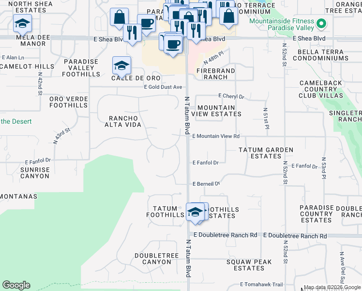 map of restaurants, bars, coffee shops, grocery stores, and more near 9515 North 47th Street in Phoenix
