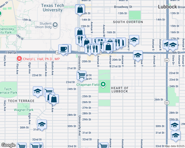 map of restaurants, bars, coffee shops, grocery stores, and more near 2409 22nd Street in Lubbock