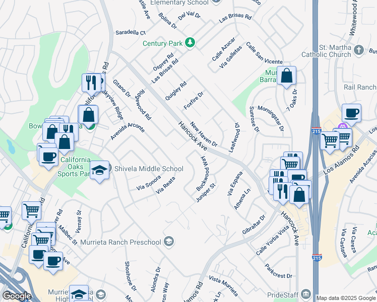 map of restaurants, bars, coffee shops, grocery stores, and more near 40025 White Leaf Lane in Murrieta