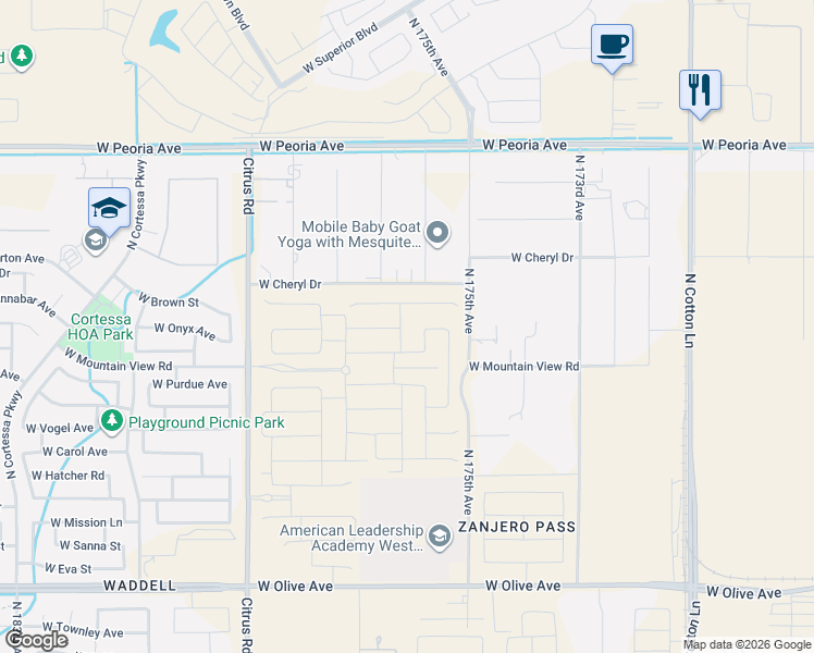 map of restaurants, bars, coffee shops, grocery stores, and more near 10109 North 176th Avenue in Waddell