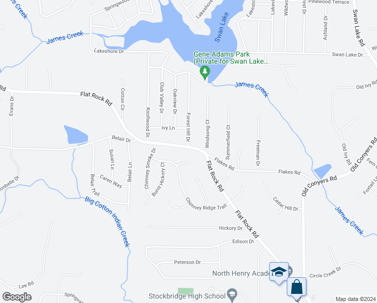 map of restaurants, bars, coffee shops, grocery stores, and more near 1515 Flat Rock Road in Stockbridge