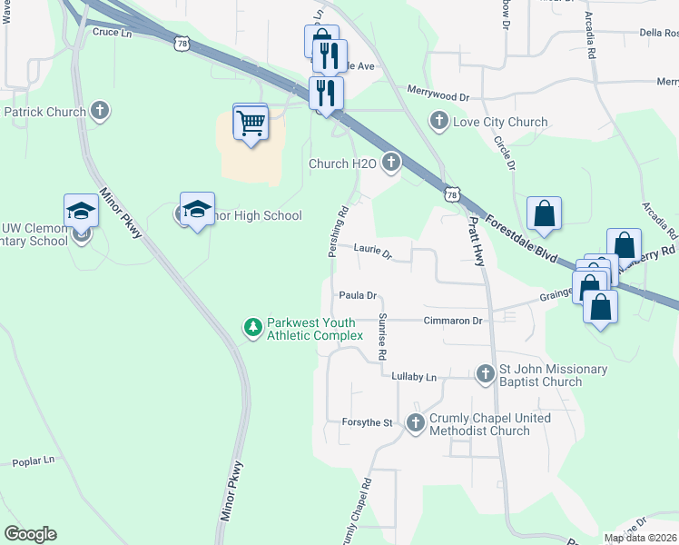 map of restaurants, bars, coffee shops, grocery stores, and more near 2109 Pershing Road in Birmingham