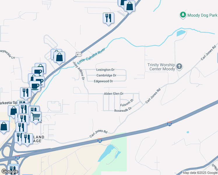 map of restaurants, bars, coffee shops, grocery stores, and more near 5068 Bella Court in Moody