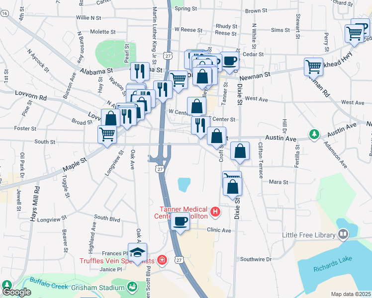 map of restaurants, bars, coffee shops, grocery stores, and more near 116 South Street in Carrollton