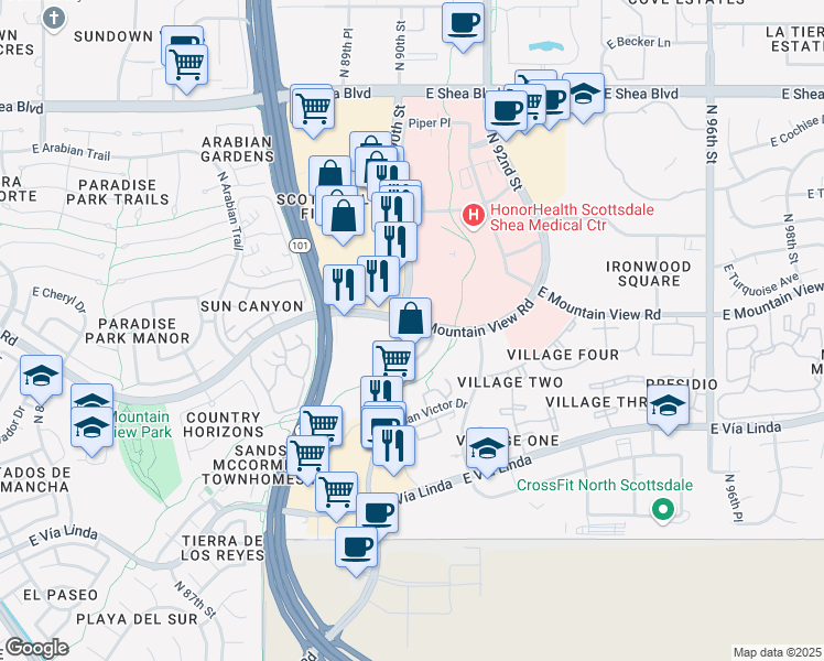 map of restaurants, bars, coffee shops, grocery stores, and more near 9755 North 90th Place in Scottsdale