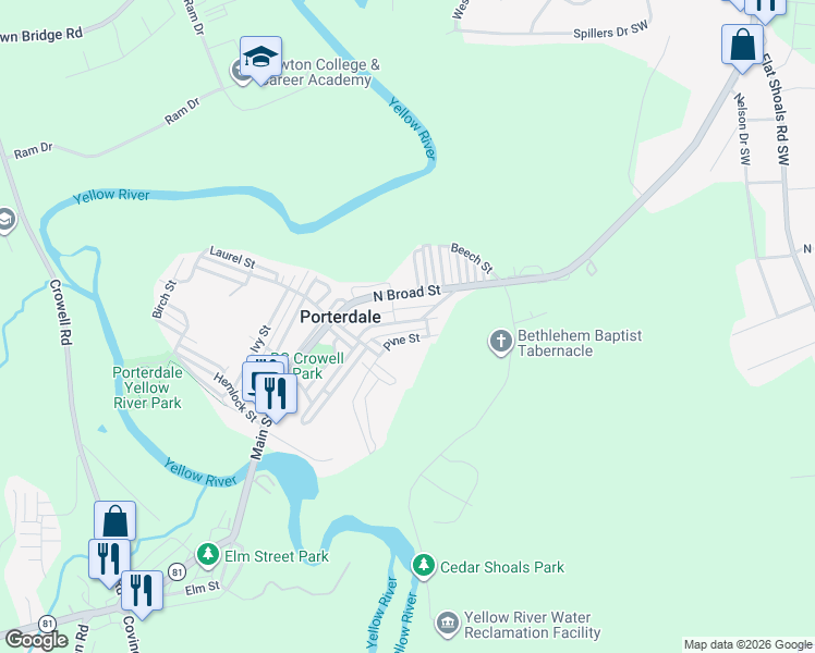 map of restaurants, bars, coffee shops, grocery stores, and more near 23 Pine Street in Porterdale
