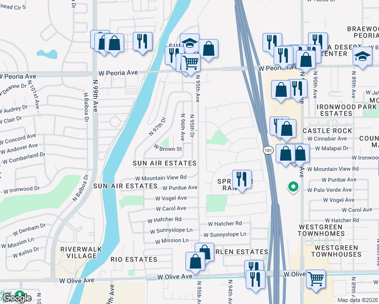 map of restaurants, bars, coffee shops, grocery stores, and more near 9916 North 95th Drive in Peoria