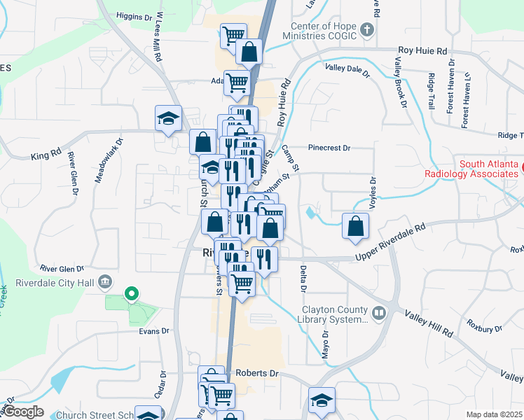 map of restaurants, bars, coffee shops, grocery stores, and more near 645 Lassiter Street in Riverdale