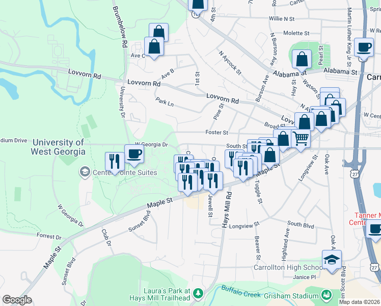 map of restaurants, bars, coffee shops, grocery stores, and more near 159 Cunningham Drive in Carrollton