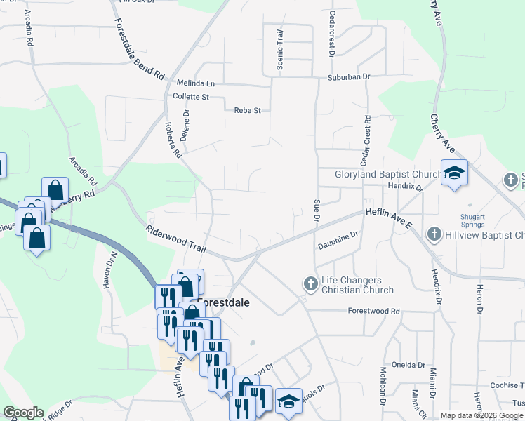 map of restaurants, bars, coffee shops, grocery stores, and more near 547 Dunkirk Drive in Birmingham