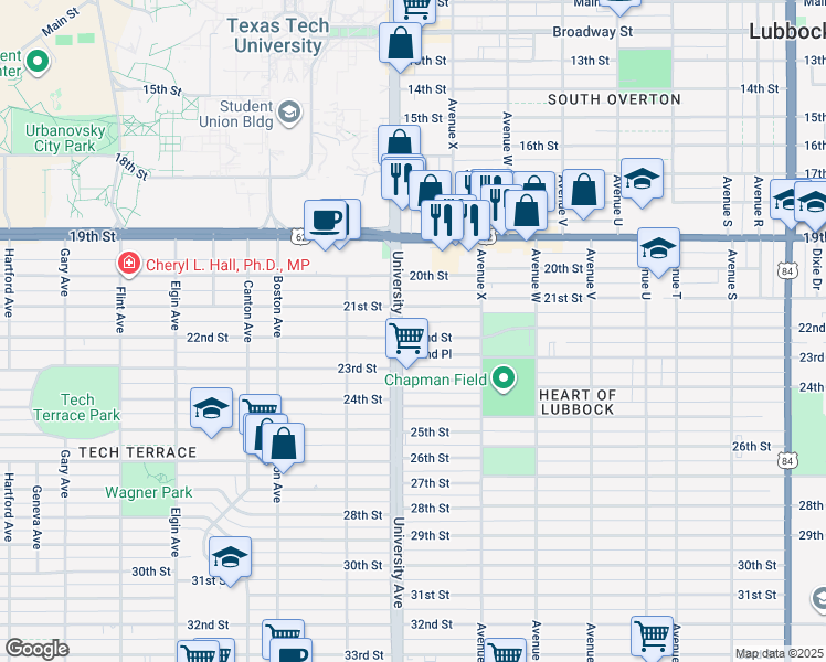map of restaurants, bars, coffee shops, grocery stores, and more near 2432 22nd Street in Lubbock
