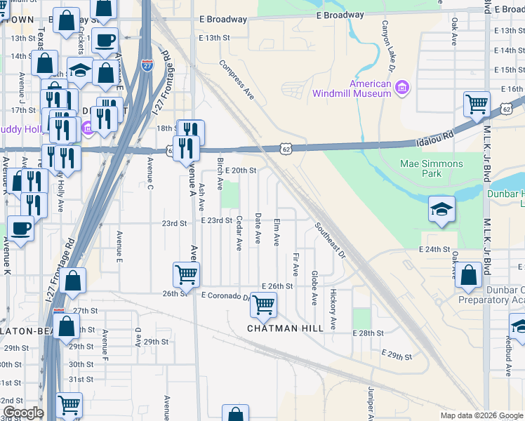 map of restaurants, bars, coffee shops, grocery stores, and more near 2205 Date Avenue in Lubbock
