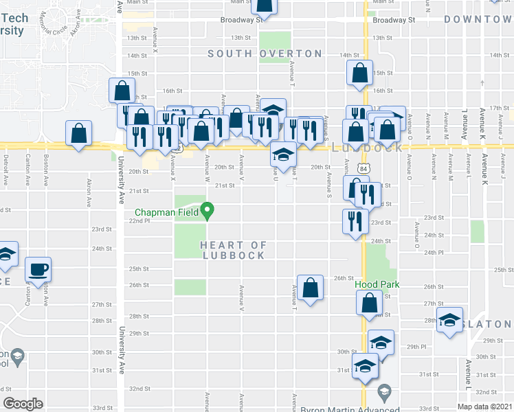map of restaurants, bars, coffee shops, grocery stores, and more near 2111 22nd Street in Lubbock