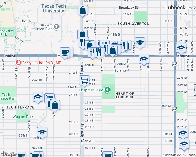 map of restaurants, bars, coffee shops, grocery stores, and more near 2409 22nd Street in Lubbock