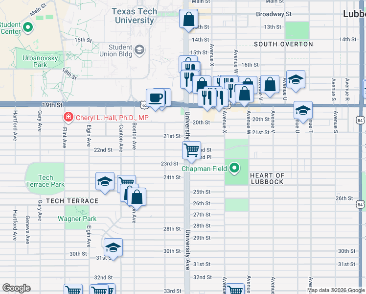 map of restaurants, bars, coffee shops, grocery stores, and more near 2505 22nd Street in Lubbock