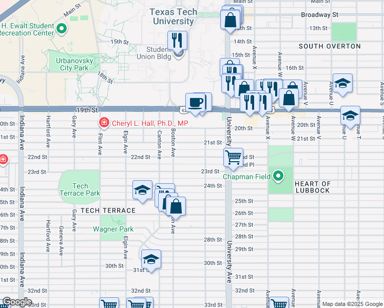 map of restaurants, bars, coffee shops, grocery stores, and more near 2617 22nd Street in Lubbock