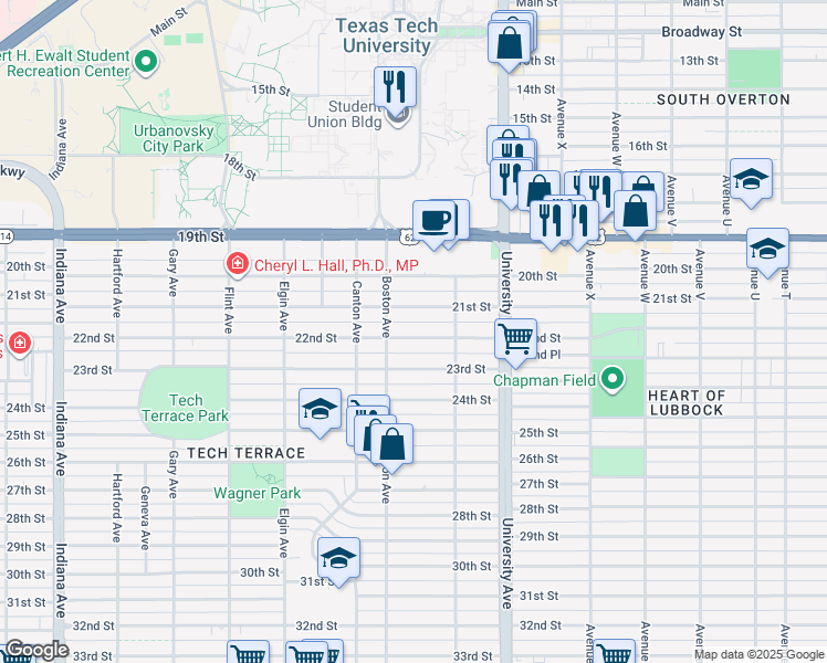 map of restaurants, bars, coffee shops, grocery stores, and more near 2617 22nd Street in Lubbock