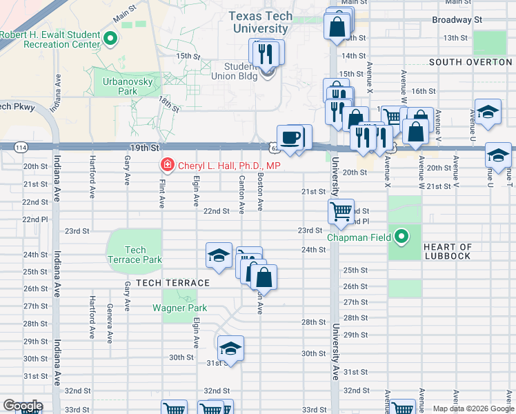 map of restaurants, bars, coffee shops, grocery stores, and more near 2701 22nd Street in Lubbock