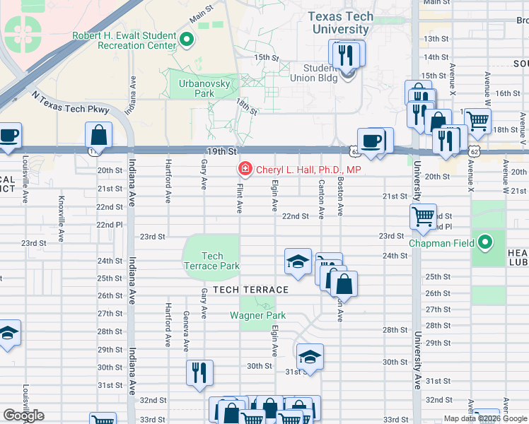 map of restaurants, bars, coffee shops, grocery stores, and more near 3009 22nd Street in Lubbock