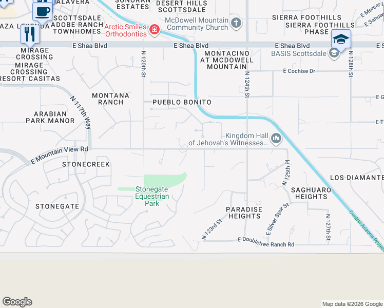 map of restaurants, bars, coffee shops, grocery stores, and more near 12201 East Mountain View Road in Scottsdale