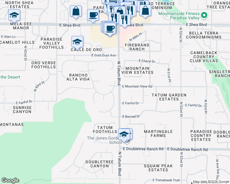 map of restaurants, bars, coffee shops, grocery stores, and more near 9515 North 47th Street in Phoenix