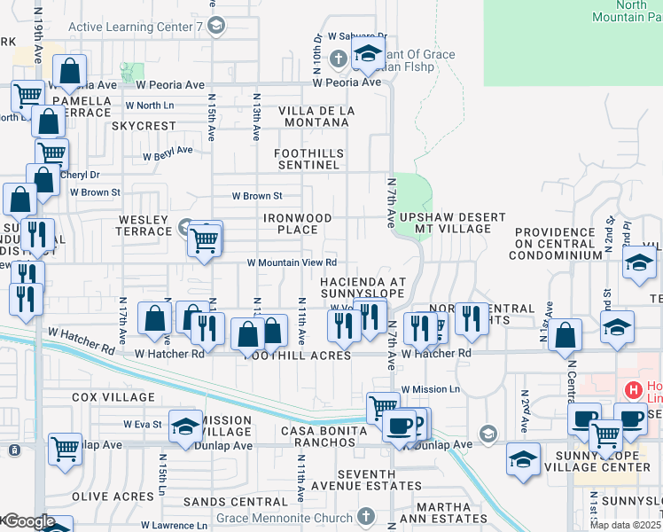 map of restaurants, bars, coffee shops, grocery stores, and more near 9638 North 10th Avenue in Phoenix