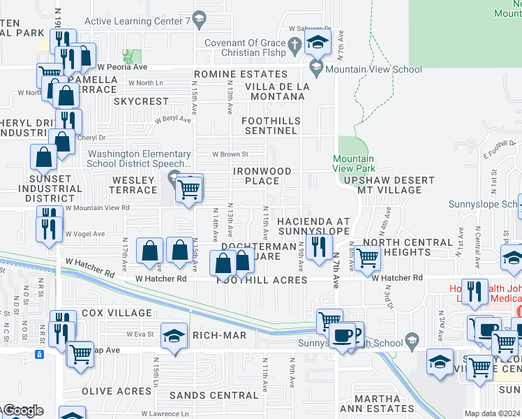 map of restaurants, bars, coffee shops, grocery stores, and more near 9639 North 12th Avenue in Phoenix