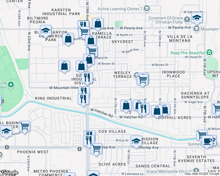 map of restaurants, bars, coffee shops, grocery stores, and more near 1709 West Mountain View Road in Phoenix