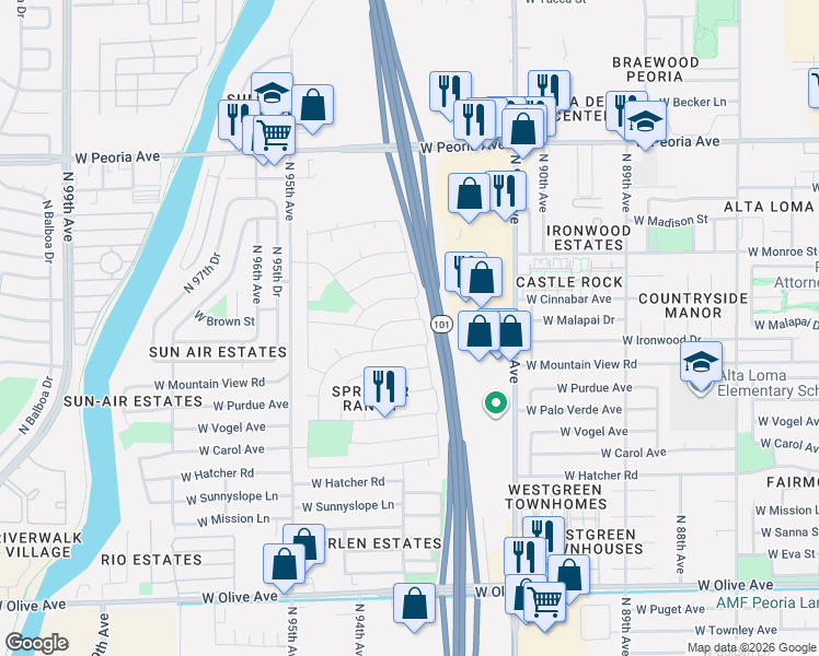 map of restaurants, bars, coffee shops, grocery stores, and more near 9228 West Ironwood Drive in Peoria