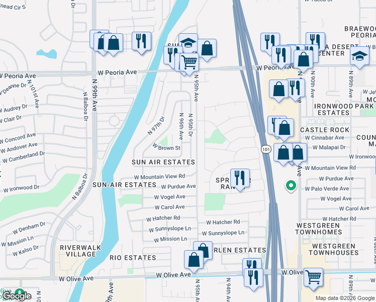 map of restaurants, bars, coffee shops, grocery stores, and more near 9916 North 95th Drive in Peoria